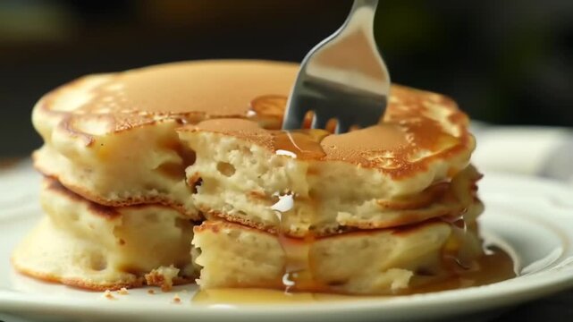Close-up of a stack of pancakes drizzled with syrup. A fork is partially visible