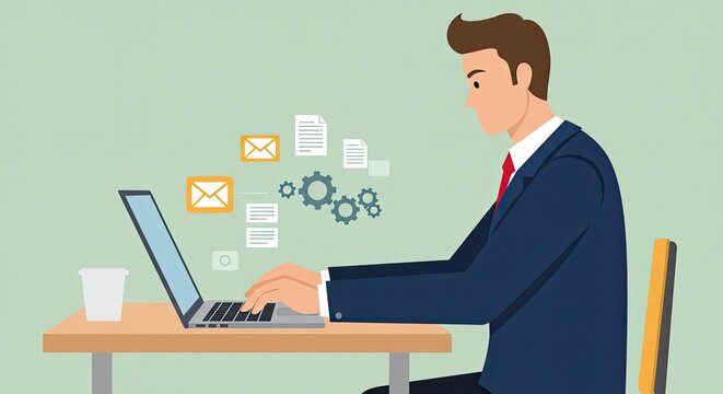 Professional businessman in a blue suit working diligently on a laptop at his desk, surrounded by digital icons, ideal for business and technology concepts