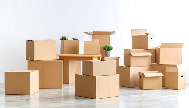 Cardboard boxes and a small table fill a room