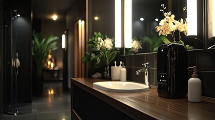 Elegant Modern Bathroom Interior with Luxurious Finishes and Sophisticated Lighting