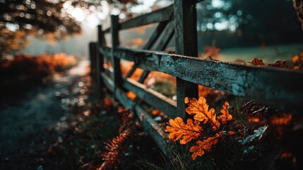 Autumnal wooden fence, path, vibrant foliage