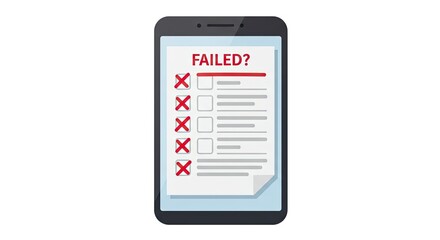 Failed test results displayed on a tablet screen with red check marks indicating unsuccessful outcome of assessment