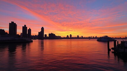 Obraz premium Silhouetted city skyline at vibrant sunrise over calm water