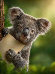 Obraz premium Koala Playfully Holding Empty Papers Against a Green Background