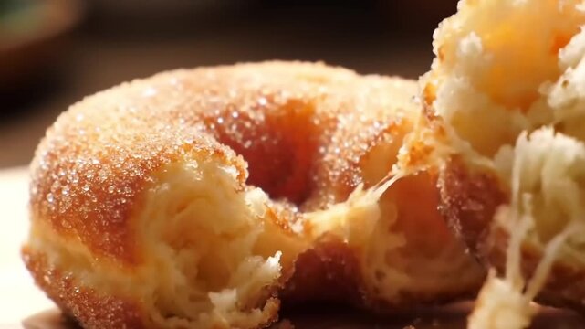 Close-up of a sugared donut, freshly baked
