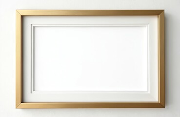 Horizontal gold picture frame with white matting and blank white center rests on a white wall surface. Clean minimalist design perfect for presenting artwork, photos, or certificates indoors.