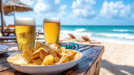 Refreshing Summer Snack of Chips and Beer by the Beach with Turquoise Waters and Sunny Skies
