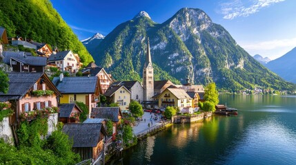 Naklejka premium Scenic Alpine Village by Tranquil Lake Surrounded by Majestic Mountains in a Sunny Daylight Sky