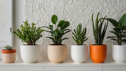 Assorted houseplants in colorful pots arranged on a white surface against a textured white wall