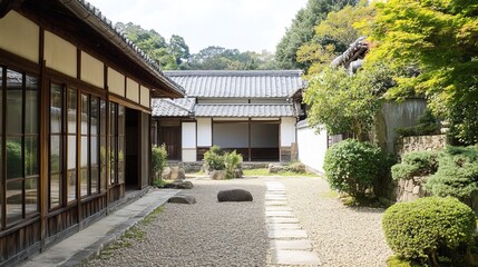Japanese traditional garden courtyard with wooden buildings