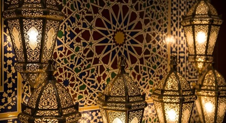 Fototapeta premium Elegant Moroccan Lamps and Intricate Mosaic: A Celebration of Traditional Art and Culture with Warm, Inviting Light and Rich Patterns.