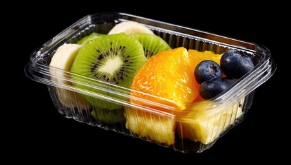 Fresh fruit salad in a clear plastic container