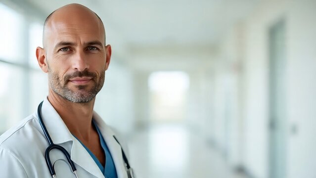 Trustworthy doctor ready to help patients in modern hospital setting with caring eyes and stethoscope