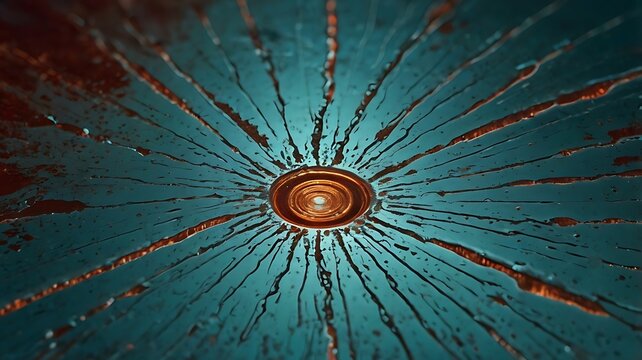 Abstract teal and orange radial pattern with a central concentric circle design element in focus