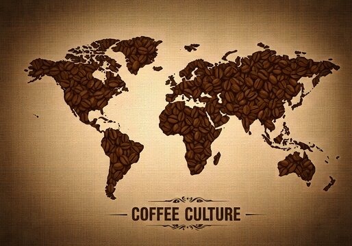 World map made from roasted coffee beans on vintage background, global coffee culture concept for international coffee day