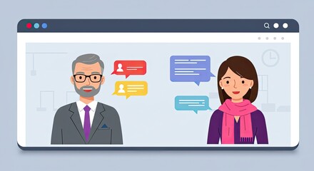 Engaging virtual meeting with professional man and woman communicating online, perfect for illustrating remote collaboration, distance learning, and modern business communications, chat bubbles
