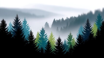 Obraz premium Dense evergreen forest with varying shades of green blue and dark silhouettes layered with atmospheric mist