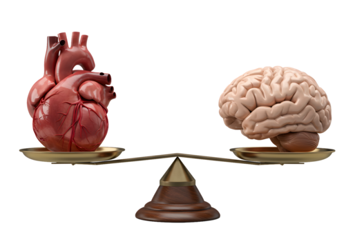 Balance your heart and mind with this symbolic depiction of heart and brain on scales for harmony