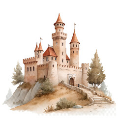 Watercolor Vintage medieval castle silhouette isolated on transparent background