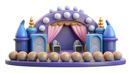 Whimsical 3D Stage with Curtains Chairs and Decorative Spheres theater performance