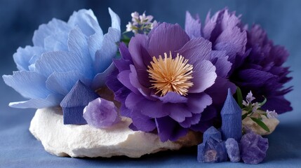 Purple and blue crepe paper flowers arranged with amethyst crystals and miniature houses on stone