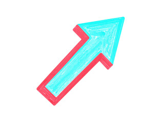 Handdrawn upward arrow with a red outline and cyan marker fill pointing diagonally to the right.