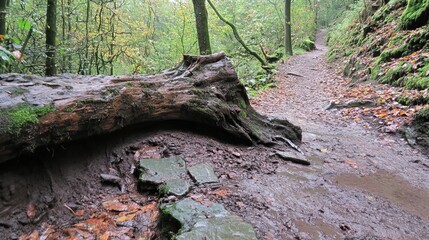 Fototapeta premium Fallen log on a muddy forest path