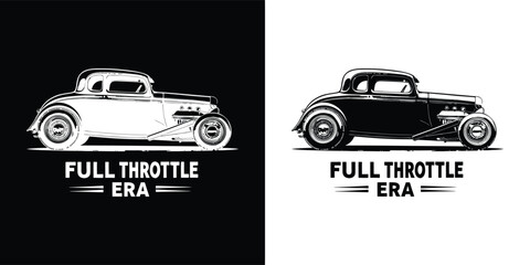 Fototapeta premium Full throttle era vintage hot rod car silhouette, black and white graphic design, isolated on white background