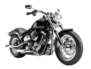 Side Profile of Black Cruiser Motorcycle with Matte Finish and Classic Design, Minimal Studio Lighting, Isolated on Transparent Background
