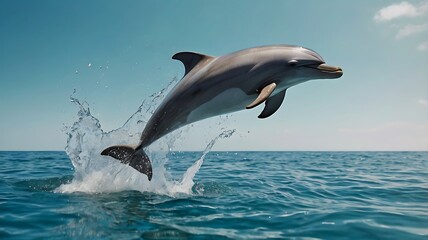A dolphin leaps out of the ocean water with splashes under a clear blue sky during the daytime