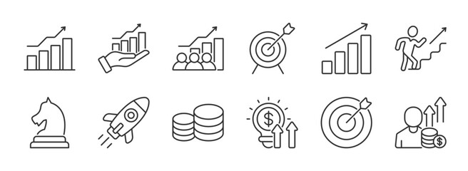 Result icon set vector illustration depicting various symbols of growth and success in business and personal development through charts and icons