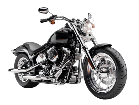 Side Profile of Black Cruiser Motorcycle with Matte Finish and Classic Design, Minimal Studio Lighting, Isolated on Transparent Background