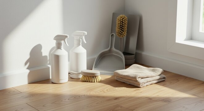 Cleaning supplies, including spray bottles, brush, dustpan, and towels, sit against a sunlit wall and on a wooden floor near a window