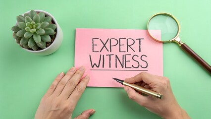 “EXPERT WITNESS” note with magnifying glass – Legal testimony concept, specialized knowledge in court, forensic analysis metaphor, judicial investigation visual, courtroom expertise illustration