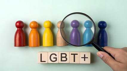 LGBT+ diversity figurines with magnifying glass – Inclusion and identity concept, gender and sexuality representation, symbolic equality visual, community spotlight metaphor, social awareness 