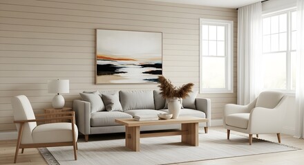 Fototapeta premium Inviting modern living room interior with soft neutral tones, featuring elegant Shiplap Wall Panels that enhance the cozy and bright atmosphere for relaxation.