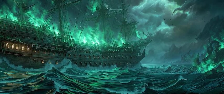 Anamorphic video Ghost Ship in a Stormy Sea. The scene is perfect for book covers, game art, movie posters, and fantasy-themed content. 
