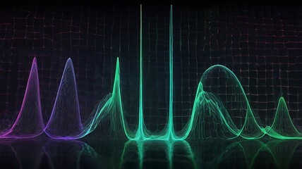 Abstract representation of sound waves with purple and green hues on a dark grid background