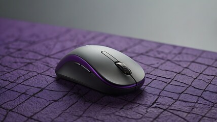 A wireless mouse with purple trim sitting on a purple textured surface in a well lit environment