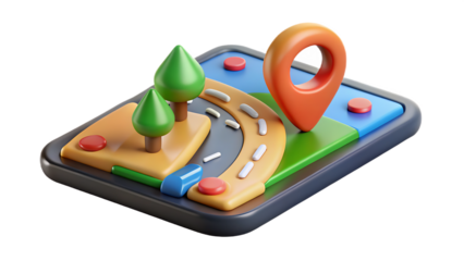3D Navigation Map with Trees and Orange Location Pin graphic design