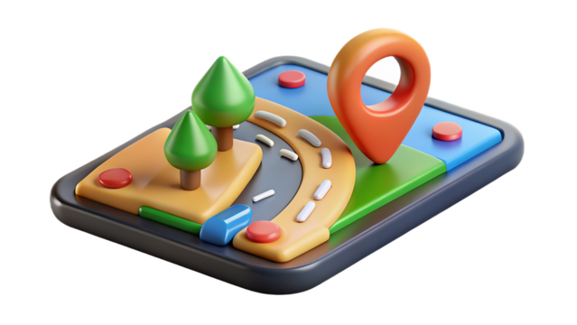 3D Navigation Map with Trees and Orange Location Pin graphic design