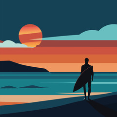 Surfer at sunset, Illustration of a surfer standing on a beach with a surfboard, looking out at the ocean during a sunset.