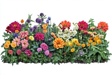 Obraz premium Colorful flower garden with zinnia blossom and floral arrangement view isolated on white background