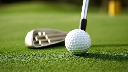 Golf club and ball on a green course