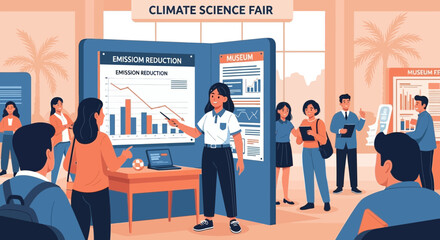 Climate science fair illustration showcasing emission reduction presentations