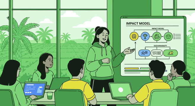 Meeting discussing impact model for environmental sustainability initiatives