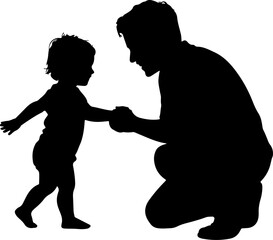 A pure black silhouette of a toddler taking their very first steps toward a smiling parent