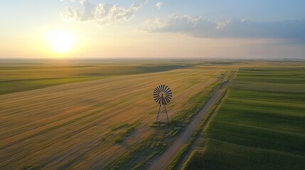 Aerial view of a windmill on a dirt road amidst golden and green fields at sunset