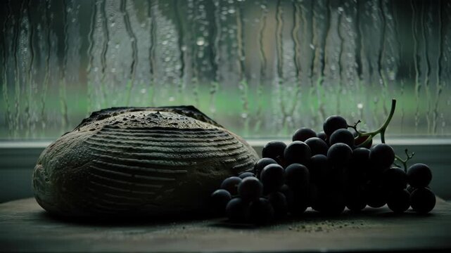 Rustic loaf of bread and grapes on windowsill during rainy day
