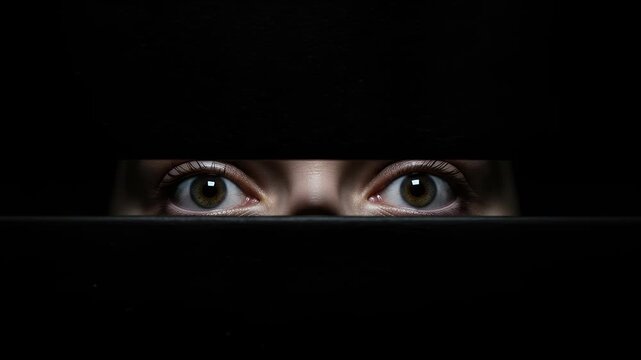 A multitude of eyes peeking from dark cracks in a surreal surveillance concept, revealing paranoia